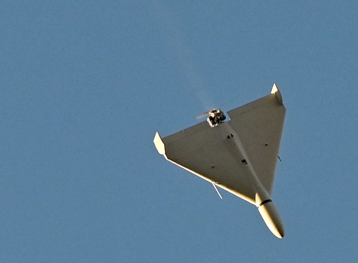 A drone flies over Kyiv