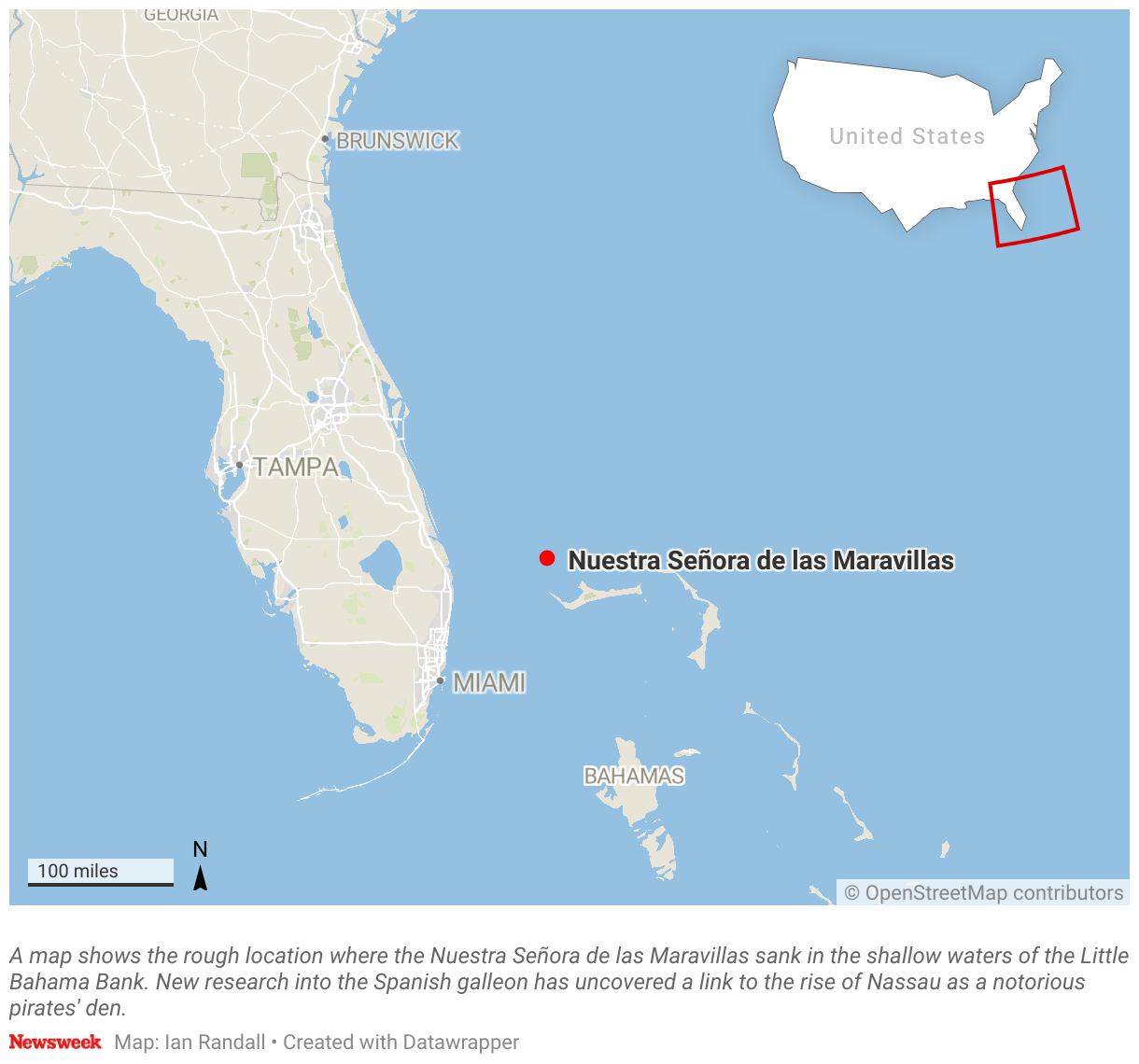 A map shows the rough location where the Nuestra Señora de las Maravillas sank in the shallow waters of the Little Bahama Bank. New research into the Spanish galleon has uncovered a link to the rise of Nassau as a notorious pirates' den.