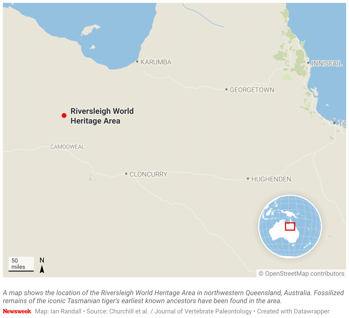 A map shows the location of the Riversleigh World Heritage Area in northwestern Queensland, Australia.
