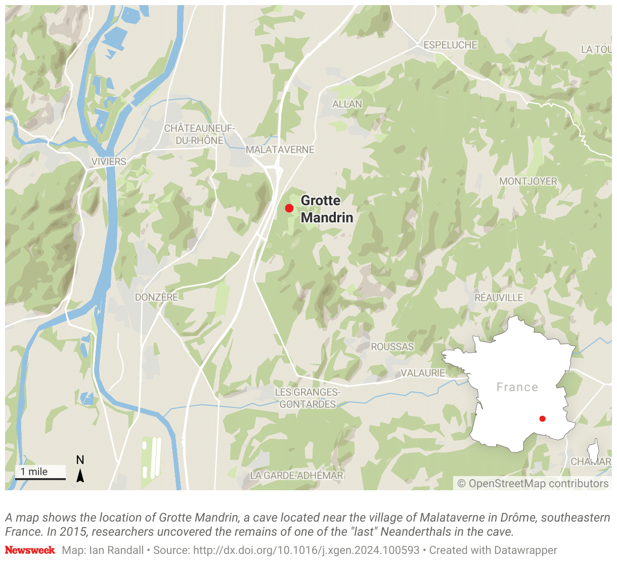 A map shows the location of Grotte Mandrin, a cave located near the village of Malataverne in Drôme, southeastern France.