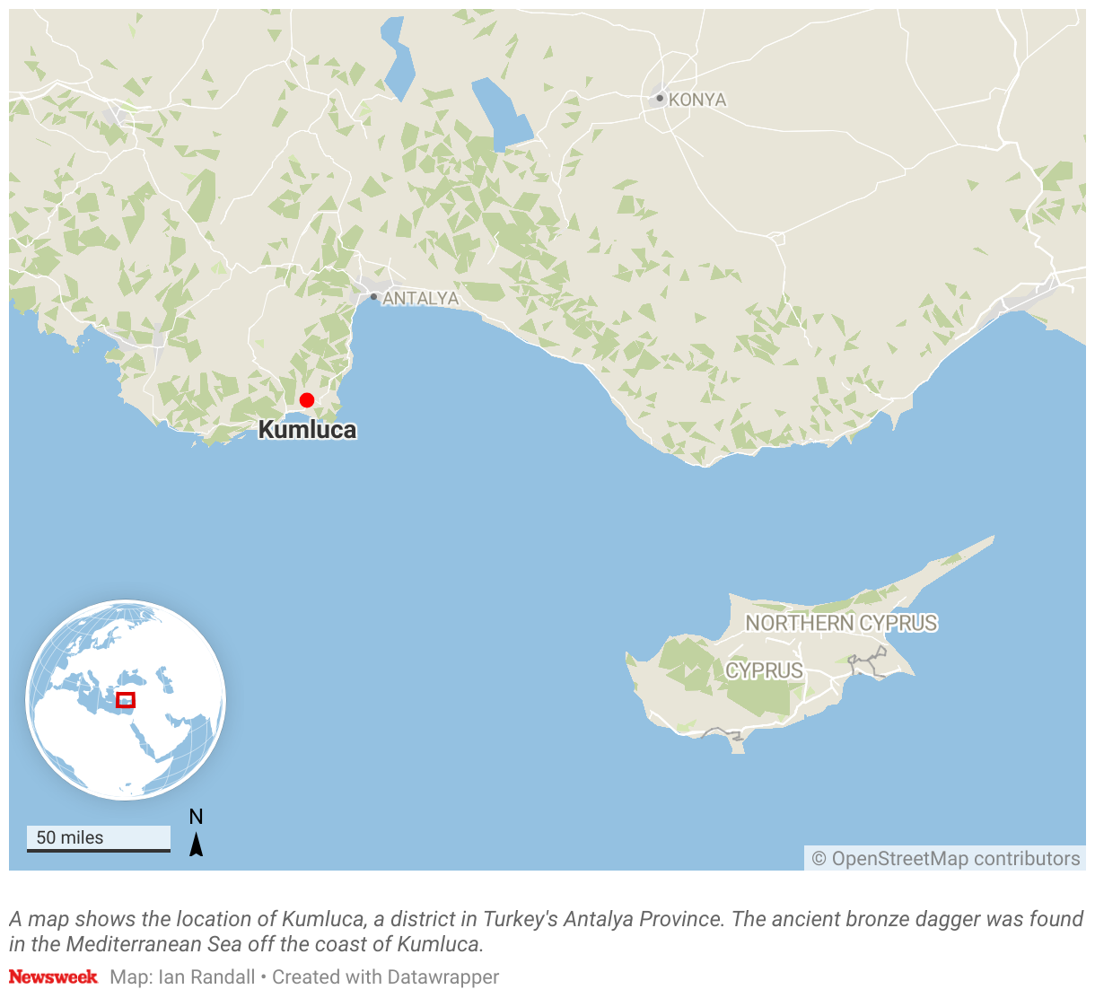A map shows the location of Kumluca, a district in Turkey's Antalya Province.
