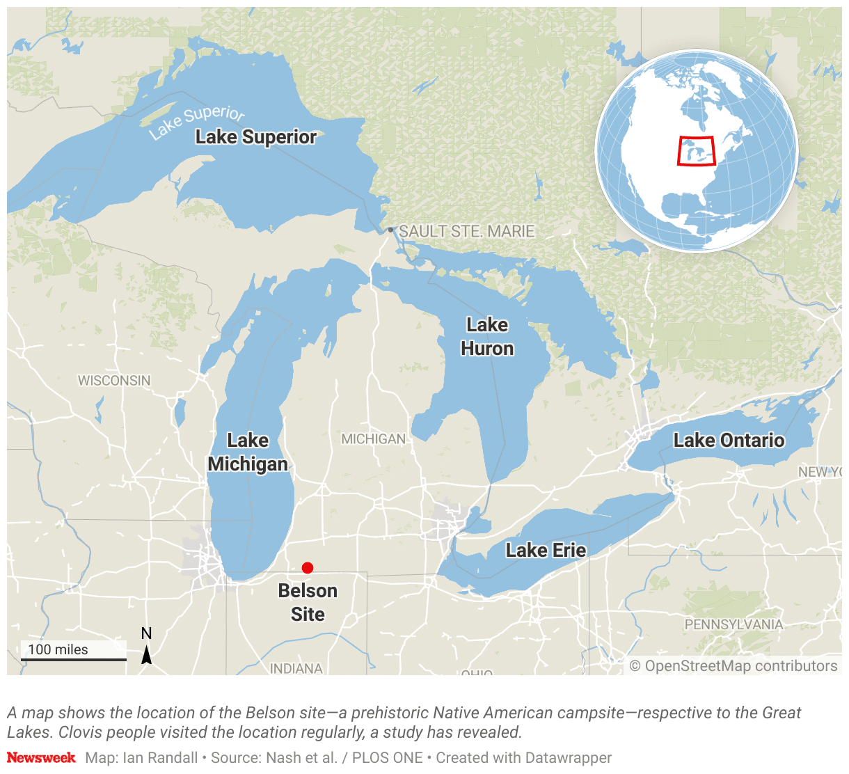 A map shows the location of the Belson site—a prehistoric Native American campsite—respective to the Great Lakes.