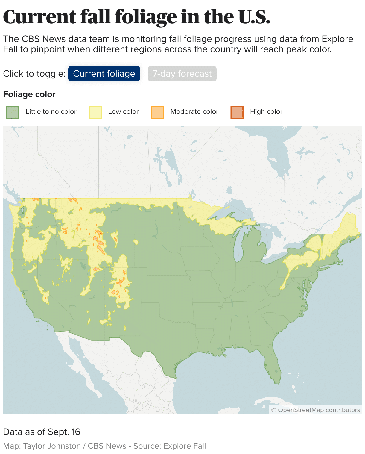 U.S. map showing current fall foliage