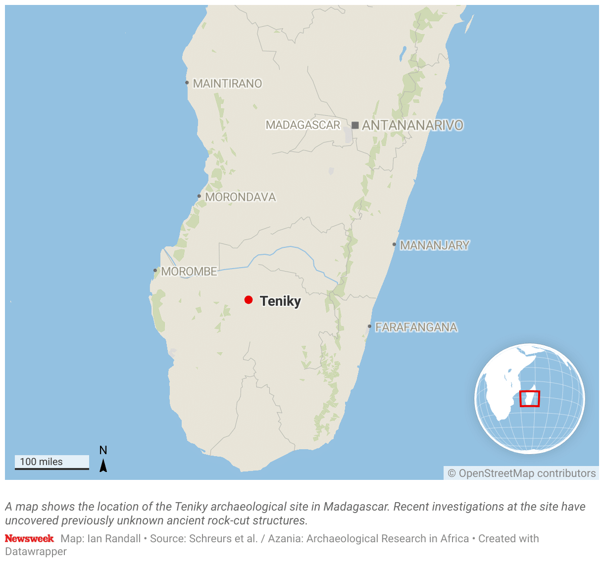 A map shows the location of the Teniky archaeological site in Madagascar.