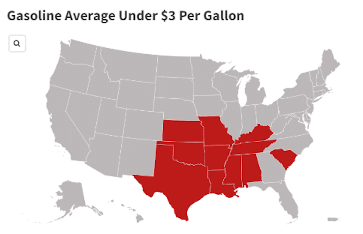 Map Shows States With Gasoline Average Under $3 Per Gallon