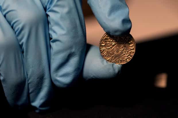 An Edward the Confessor Pyramid coin (1065-6), part of the Chew Valley Hoard of 2,584 coins, buried in the turmoil following the Norman Invasion of Britain in 1066, is seen on display at the British Museum in London, Oct. 22, 2024. 