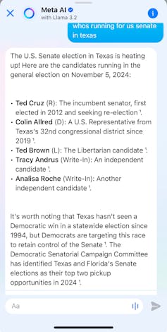 Screenshot of Facebook AI's answer to the question, 'Who's running for us senate in Texas?'