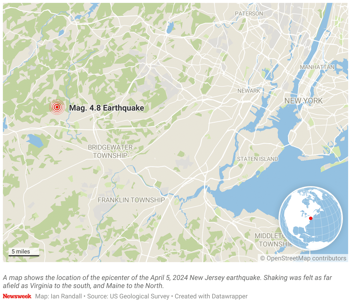 A map shows the location of the epicenter of the April 5, 2024 New Jersey earthquake.