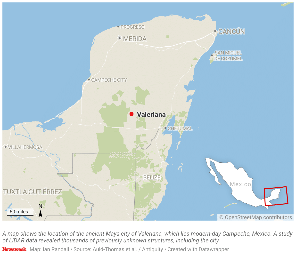 A map shows the location of the ancient Maya city of Valeriana, which lies in modern-day Campeche, Mexico.