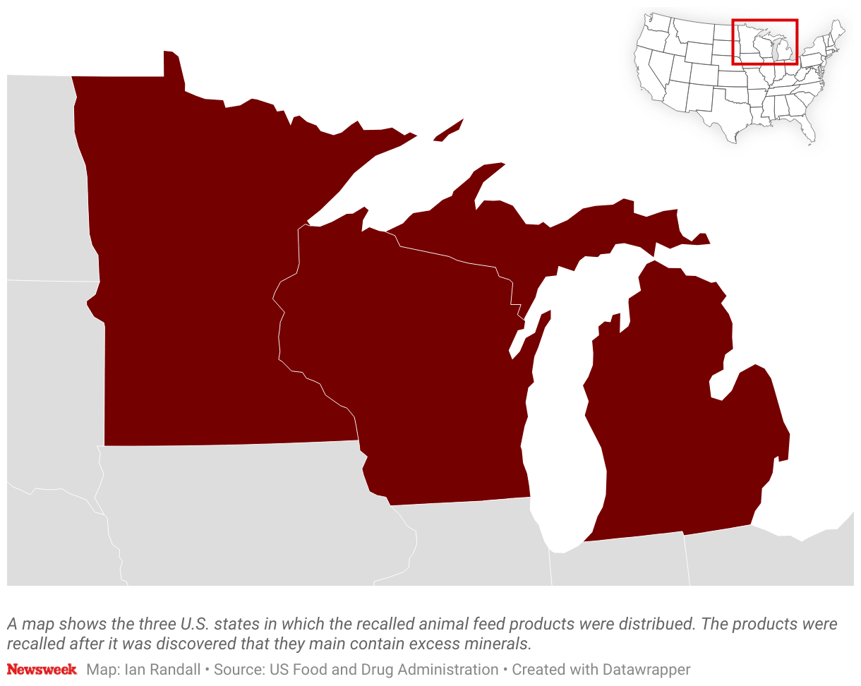 A map shows the three U.S. states in which the recalled animal feed products were distribued.