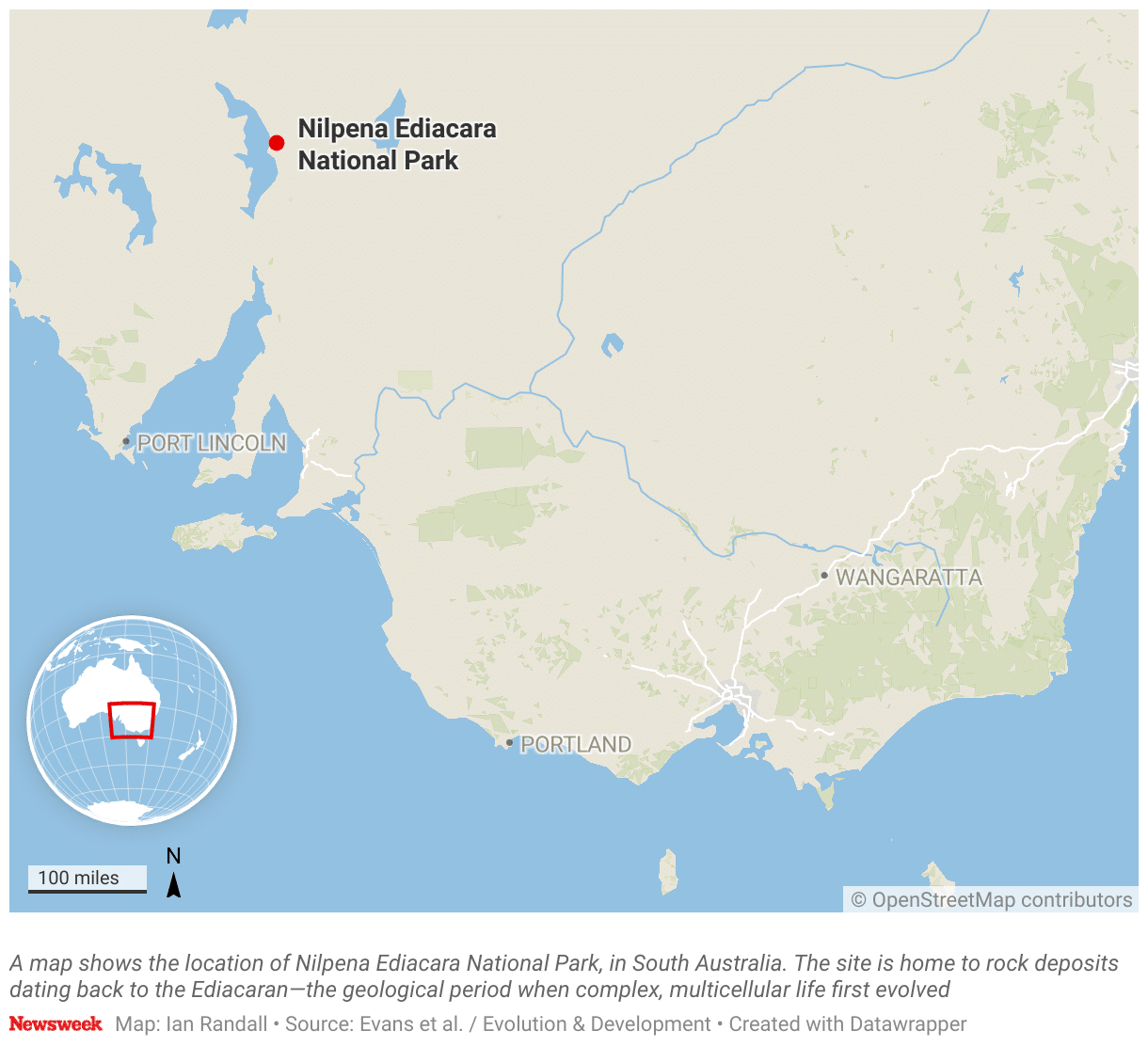A map shows the location of Nilpena Ediacara National Park, in South Australia.