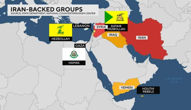 Map of Middle East showing Iran-backed groups including the Houthis in Yemen and Hezbollah in Lebanon 