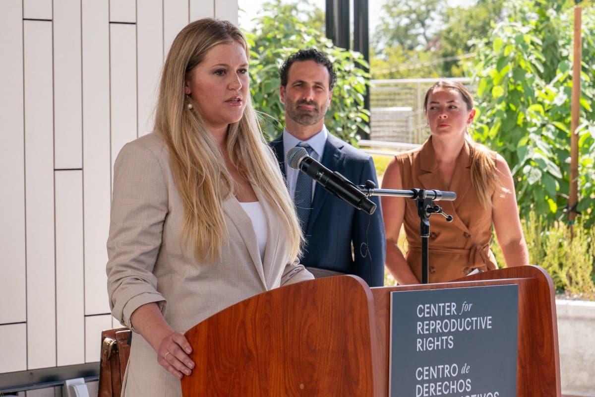 Lauren Miller speaks at news conference