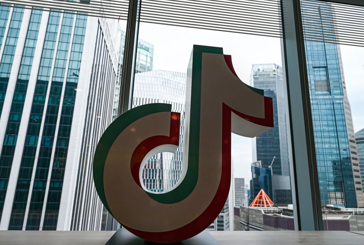 TikTok logo at company headquarters in Singapore.