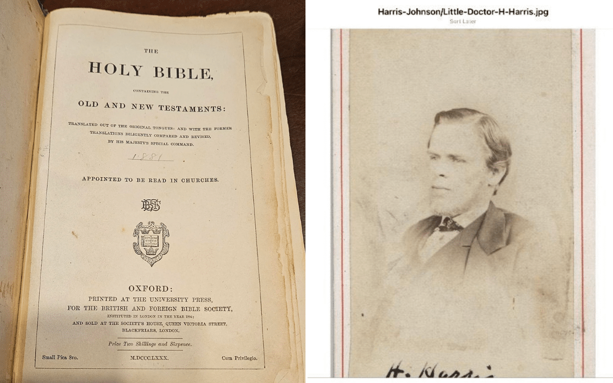The 1880 Bible and Dr. Henry Harris.