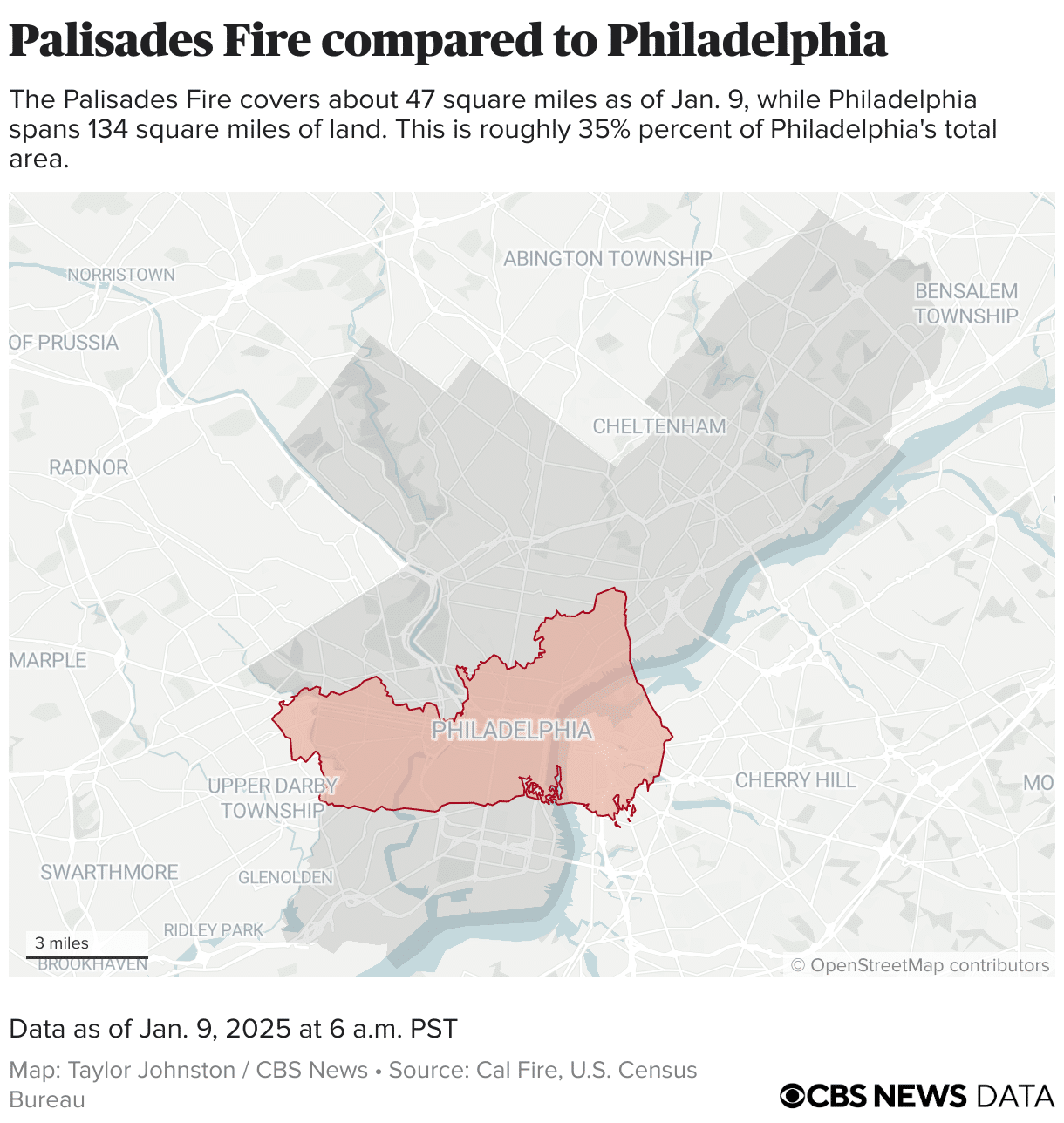 Perimeter of the Palisades Fire placed on the city of Philadelphia.