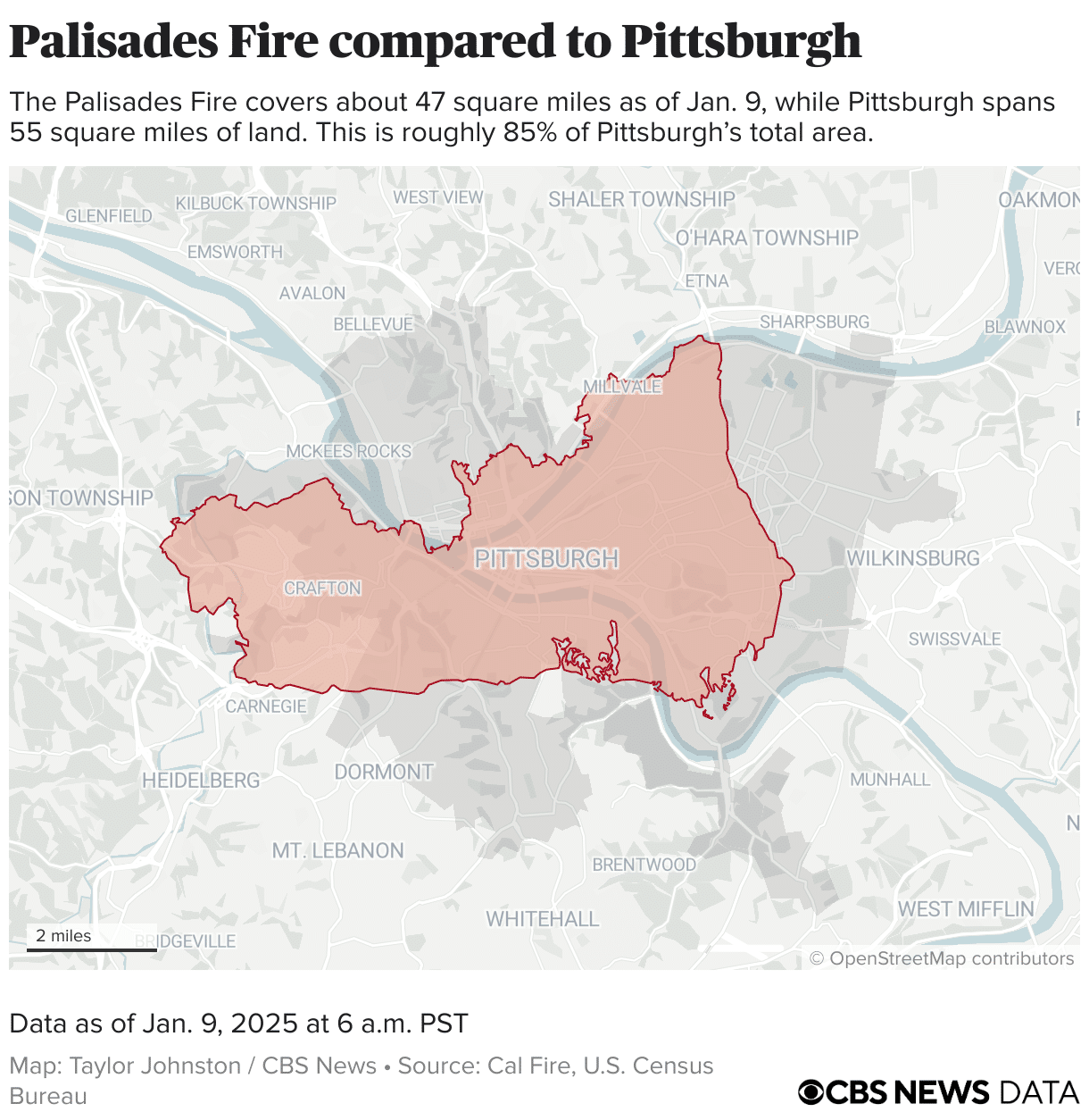 Perimeter of the Palisades Fire placed on the city of Pittsburgh.