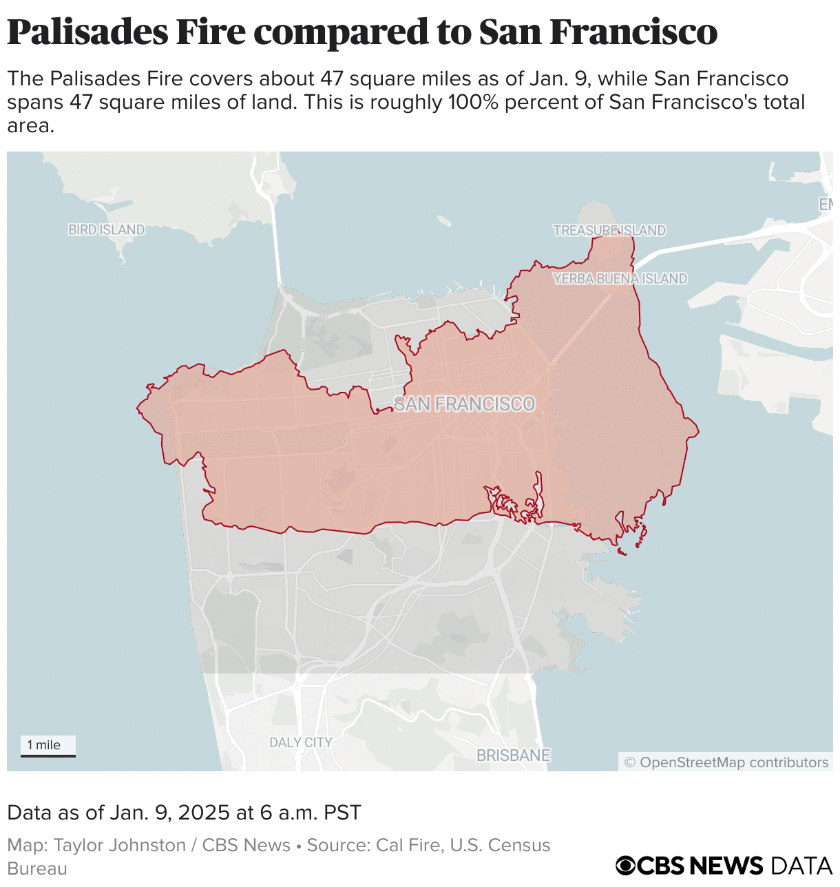 Perimeter of the Palisades Fire placed on the city of San Francisco.