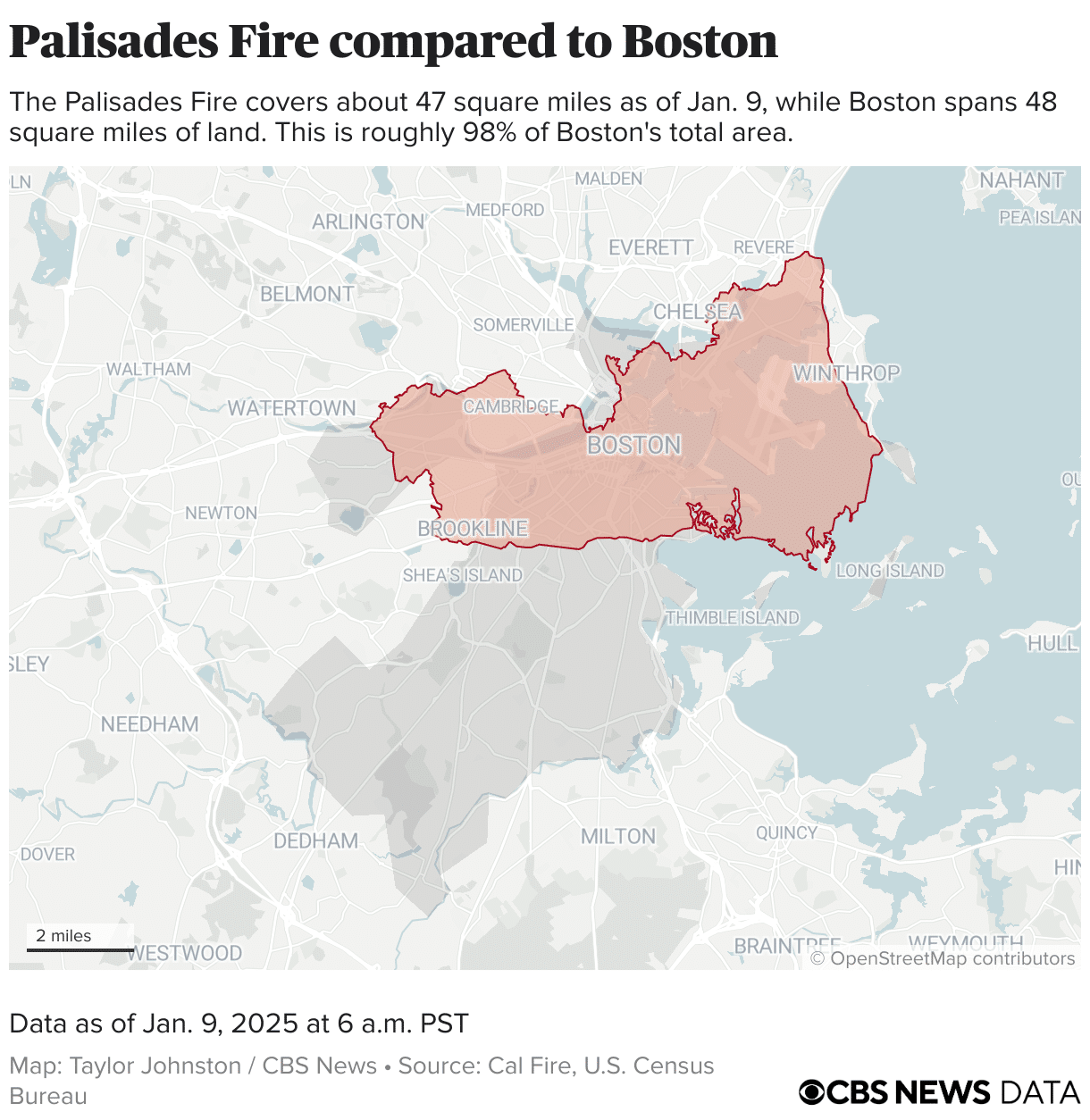 Perimeter of the Palisades Fire placed on the city of Boston.