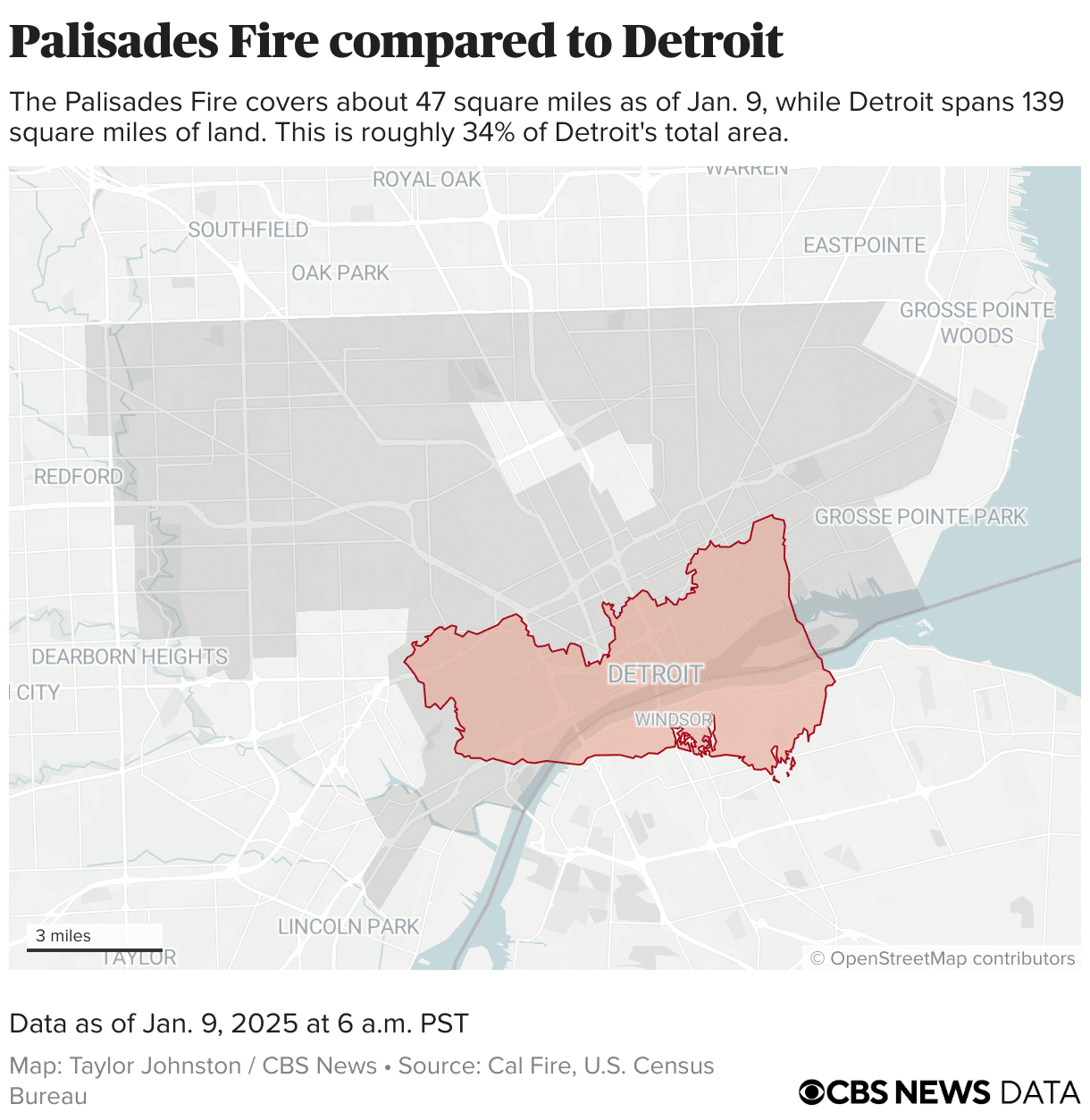 Perimeter of the Palisades Fire placed on the city of Detroit.