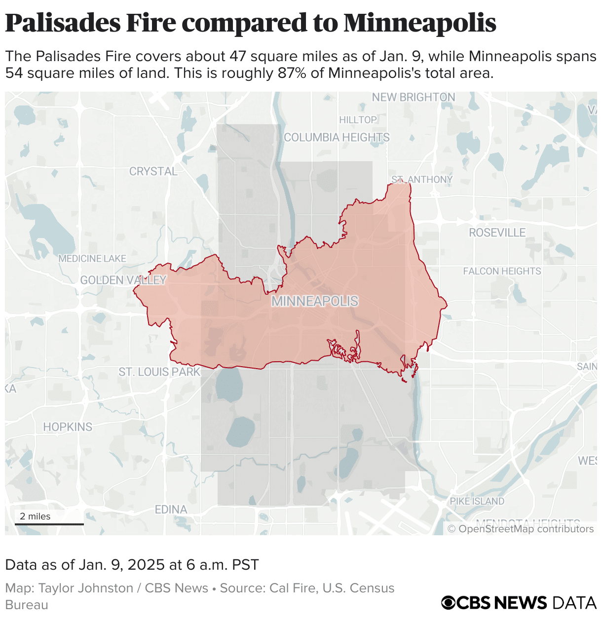 Perimeter of the Palisades Fire placed on the city of Minneapolis.