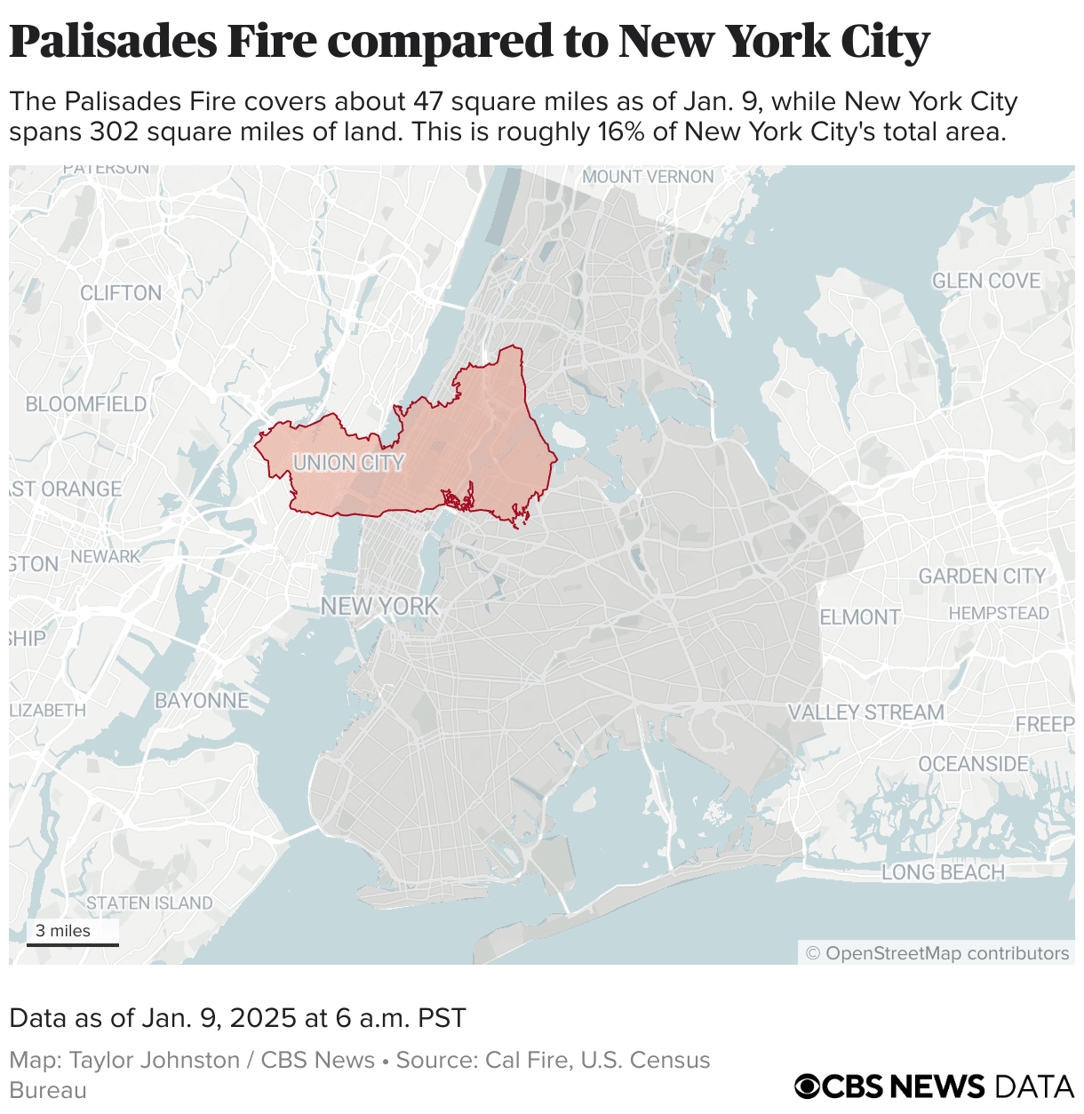 Perimeter of the Palisades Fire placed on New York City.