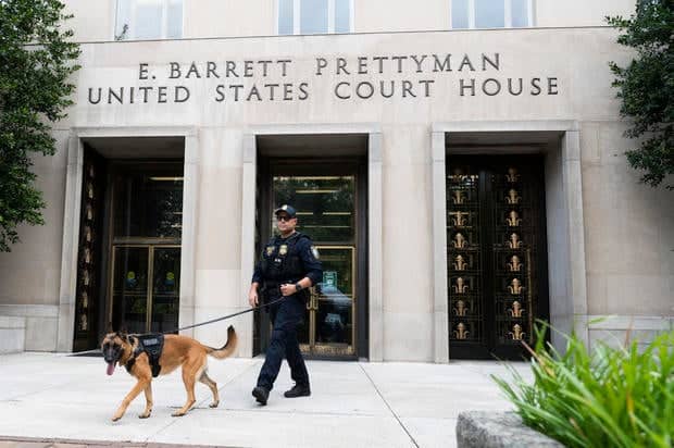 A Homeland Security canine unit sweeps one of the entrances to the E. Barrett Prettyman United States Courthouse in Washington, D.C., on Aug. 3, 2023. 