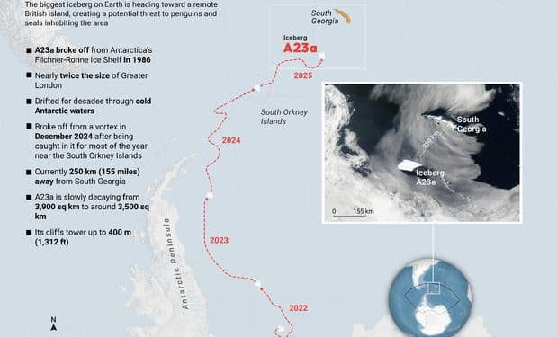 World’s biggest iceberg could collide with Antarctic penguin island
