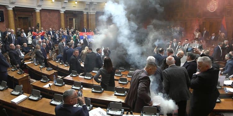 Lawmakers injured as smoke bombs, flares thrown in Serbian parliament