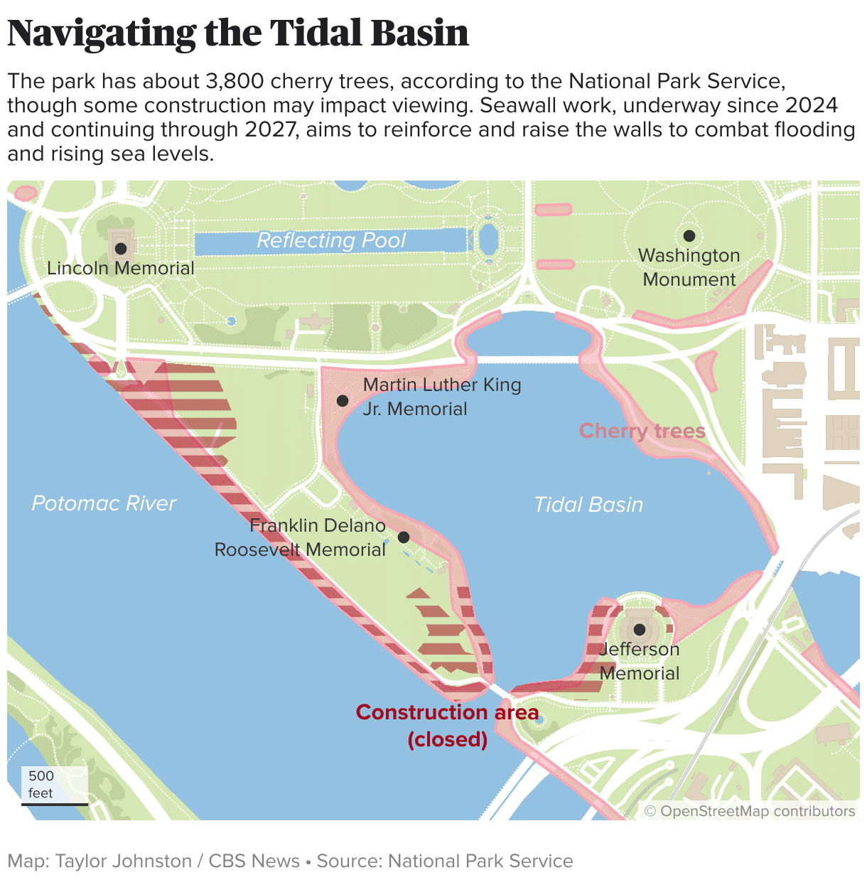 Map of D.C.'s Tidal Basin, showing where construction may impact viewing cherry trees.
