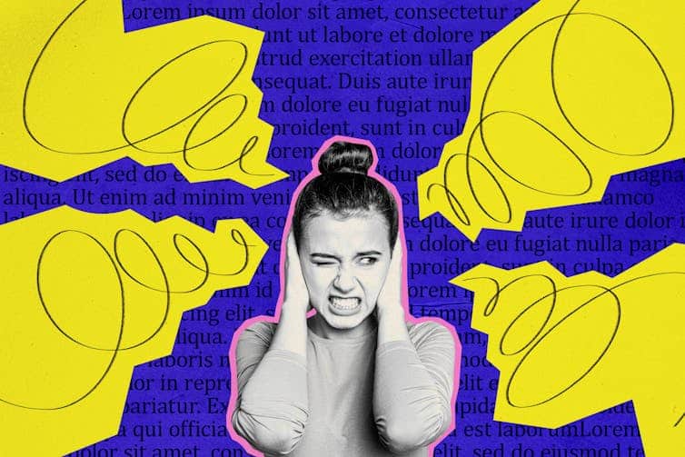 a collage showing a woman covering her ears against a purple background and yellow spirals emanating from her head